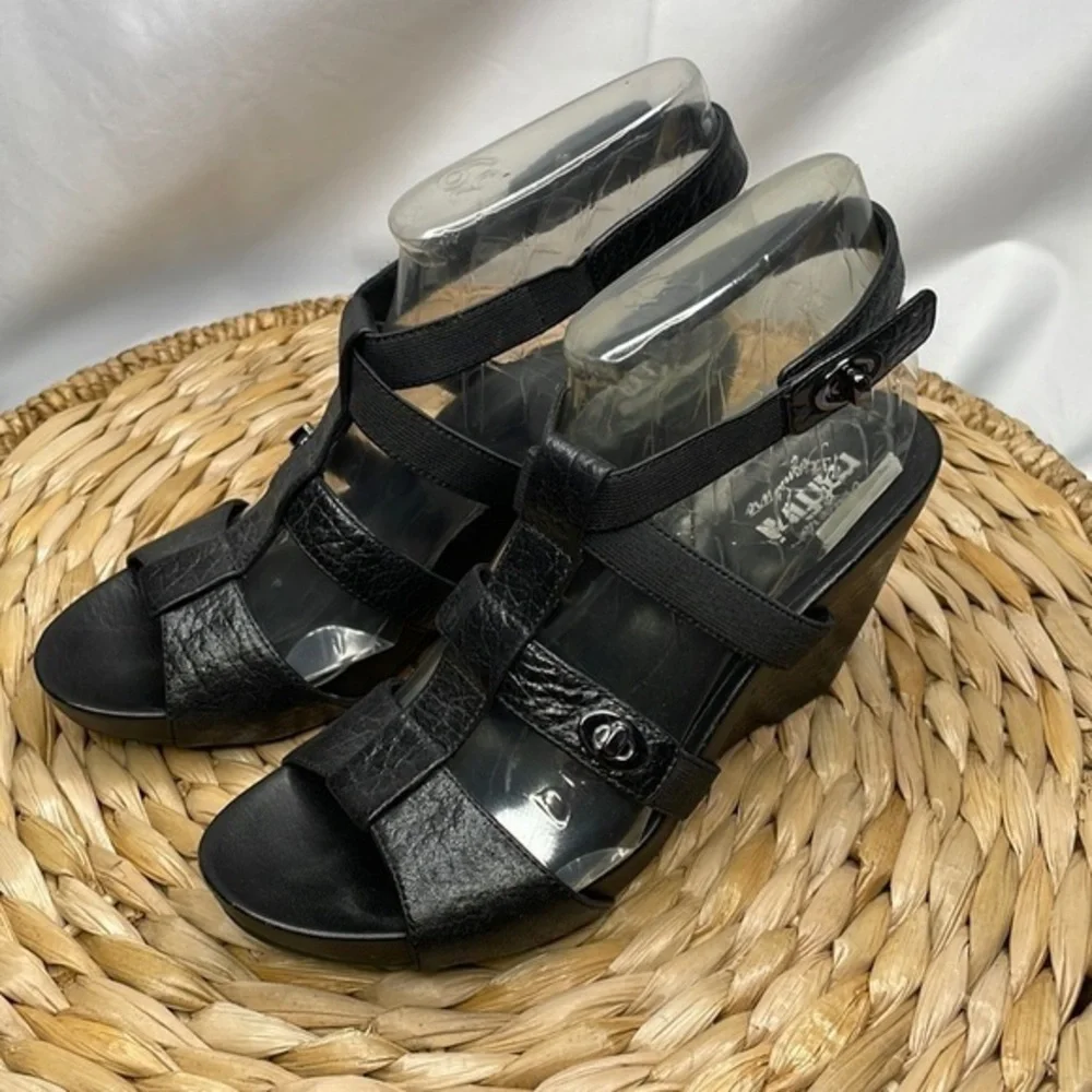Umberto raffini Signature black, leather, and elastic wedge sandals